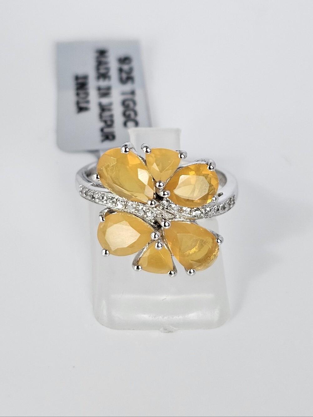 Genuine American Fire Opal & White Zircon Ring Sterling Silver Rhodium Size 7!